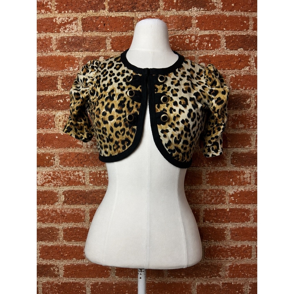 Leopard Print Cropped Bolero Shrug Puff Sleeve Military Button S Pinup Old Money